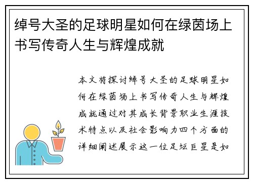 绰号大圣的足球明星如何在绿茵场上书写传奇人生与辉煌成就